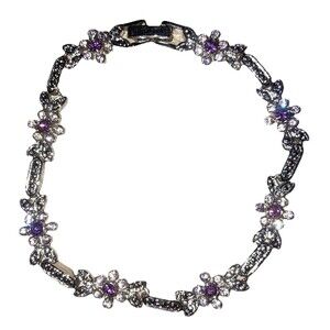 Silver Flower Tennis Bracelet with Purple Round Stones